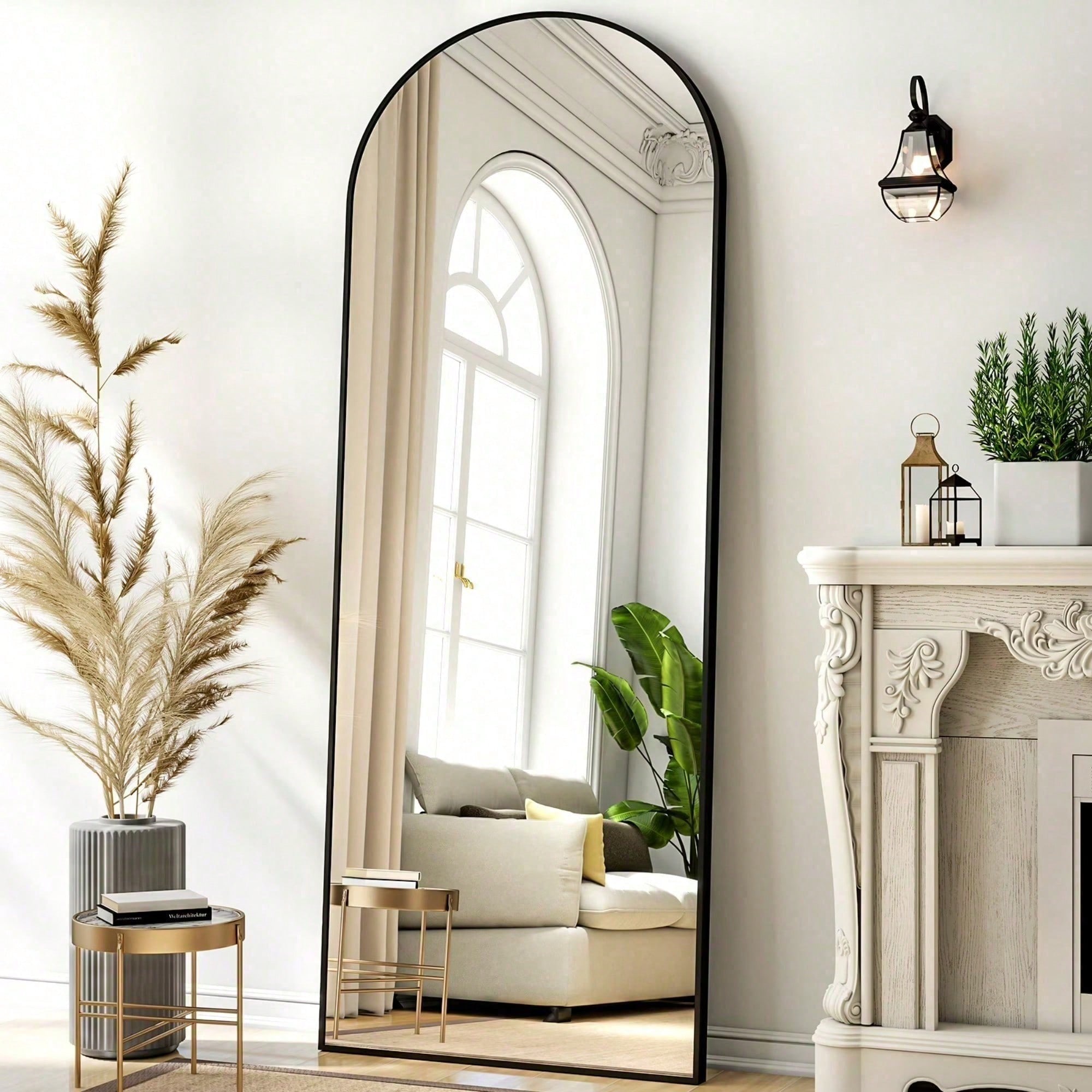 Arch Mirror Leaning - กระจกเงาเต็มตัวทรงโค้งสไตล์โมเดิร์นมินิมอล กรอบโลหะสีดำบาง ขนาด 64
