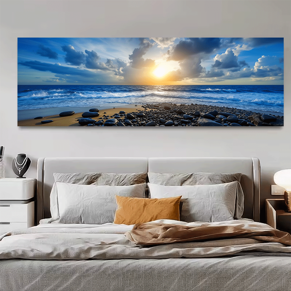 Interior Design Photo - 1PC-โปสเตอร์ผ้าใบไม่มีกรอบ มหาสมุทร พระอาทิตย์ตก ชายหาด วิวพาโนรามา ภูมิทัศน์ชายฝั่ง